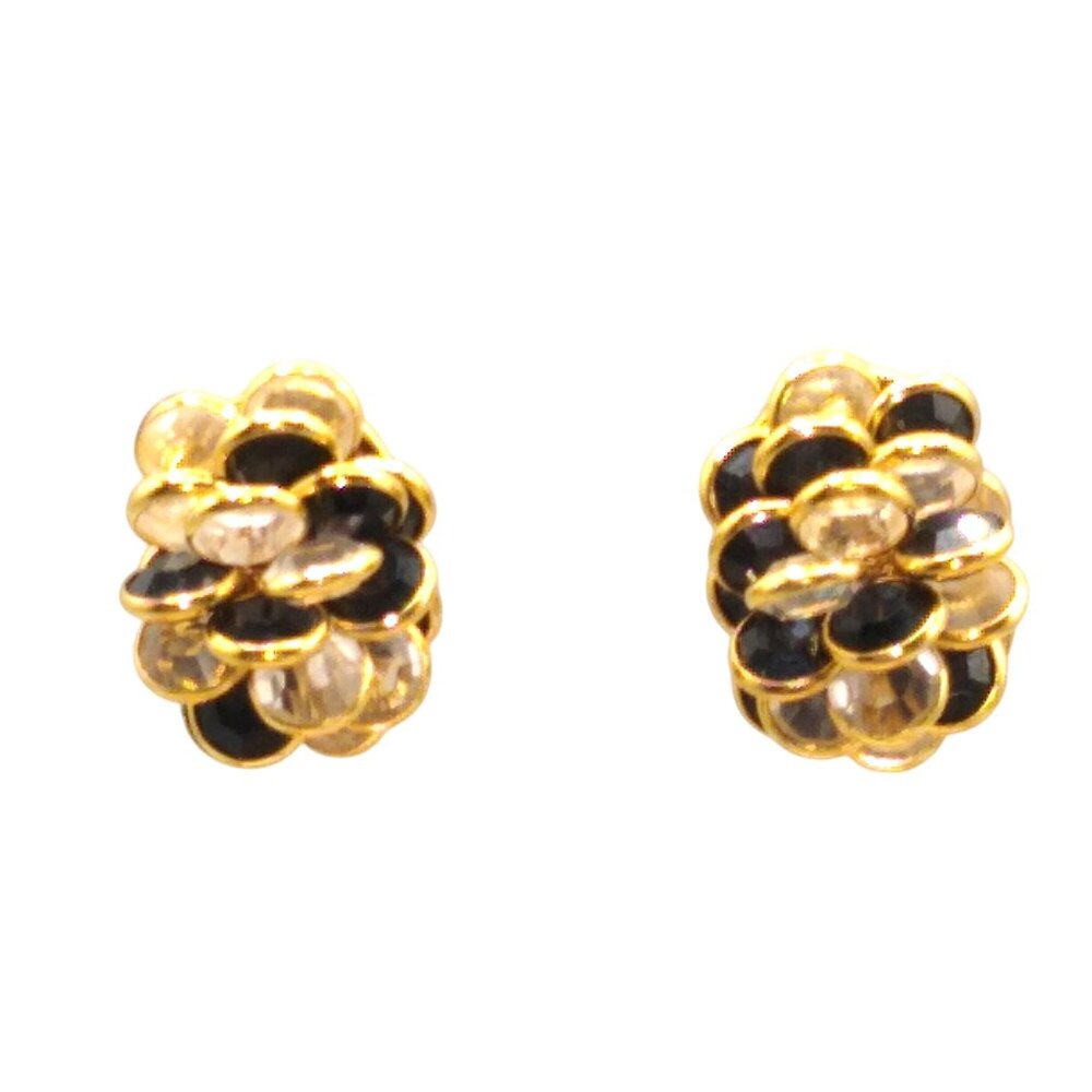 Vintage Monet Bezel Set Crystal Cluster Earrings, Black and White in Gold Tone
